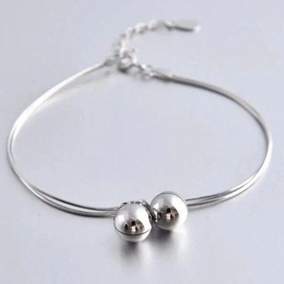 925 Sterling Silver Dangle Ball Charm Bracelet Double Layer Snakechain Bracelet - Picture 3 of 6